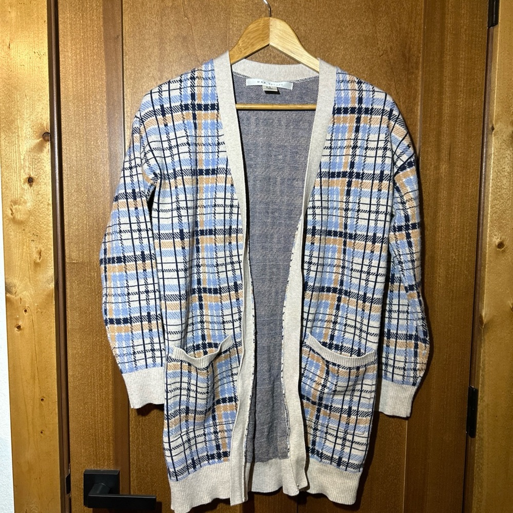 Max Studio Women XS Plaid Cardigan Duster Beige Blue Open Front Pockets Knit